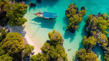 Luftaufnahme eines traditionellen Holzbootes, das in der Nähe eines Sandstrandes in Tansania vor Anker liegt, umgeben von türkisfarbenem Wasser, grünen Bäumen und Felsformationen. In der Nähe schwimmt eine Person.