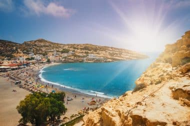 Panorama of Matala beach and caves on the rocks