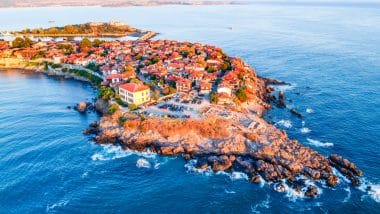 Aerial view of the old town of Sozopol, seaside resort near Burgas