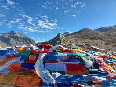 Prayer flags in front of the Holy Mount Kailash