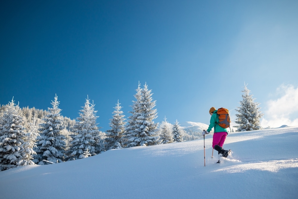 Schneeschuhwanderer an einem sonnigen Wintertag