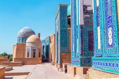 The ensemble of mausoleums Shahi-Zinda. Decorated with turquoise and blue tiles with floral patterns